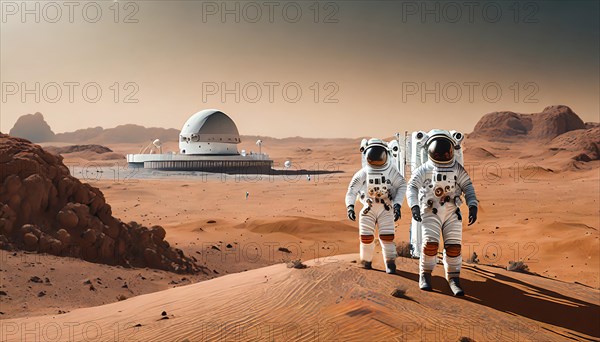 Astronauts on Mars in front of a space station