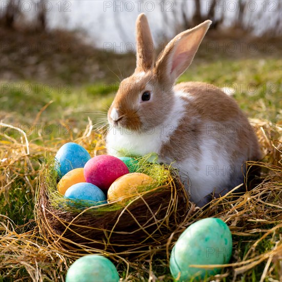 The Easter bunny sits at a nest with Easter eggs