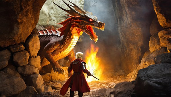 A fire-breathing dragon threatens a knight