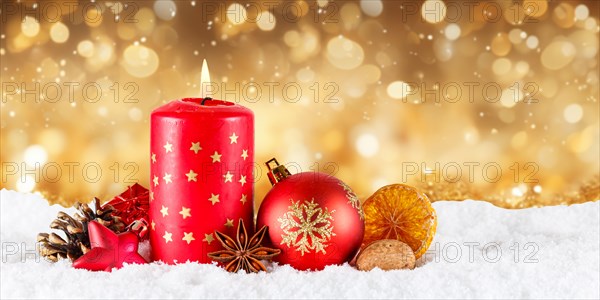 Christmas card card with candle for Christmas decoration Christmas decoration Advent season panorama golden background with text free space Copyspace in Stuttgart