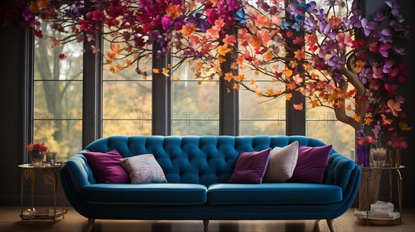 Contemporary home interior of beautiful and colorful couch and decorative tree. generative AI