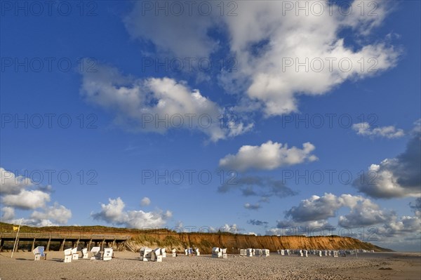 Beach chairs in the evening sun on the beach of Kampen with the Red Cliff on the North Sea island of Sylt