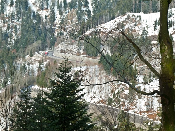 View from the Bister waterfall to the hairpin bends of the main road through the Hoellental valley