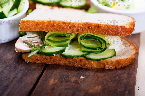 Fresh vegetarian sandwich with garlic cheese dip salad on rustic table