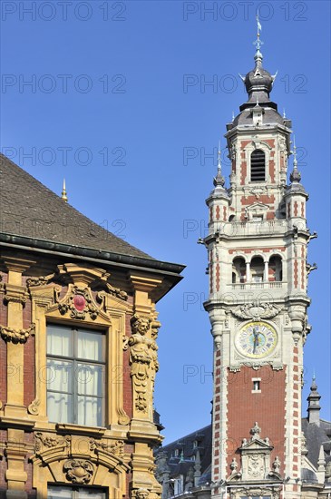 Decorated historical facade and bell tower of Chamber of Commerce at the quarter Vieux-Lille