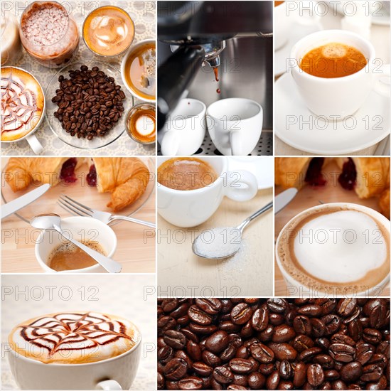 Selection of different coffee type on collage composition nested white frame