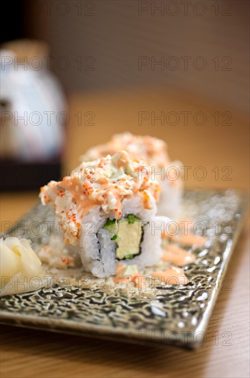 Japanese style maki sushi rolls set closeup macro