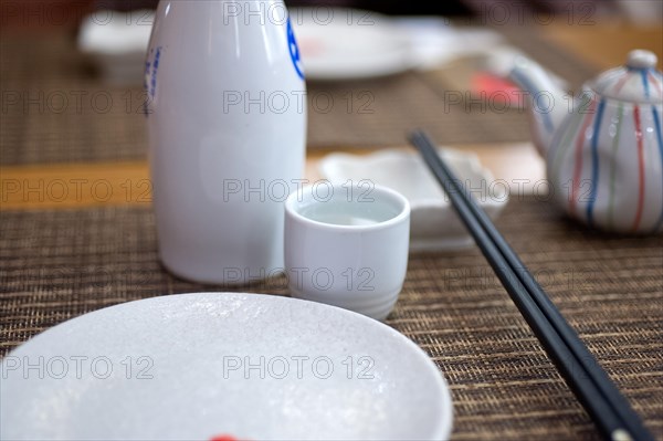 Japanese style table set and sake bottle and cup