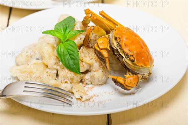 Fresh homemade Italian gnocchi with seafood sauce crab and basil