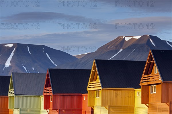 Colourful wooden houses in the settlement Longyearbyen in summer