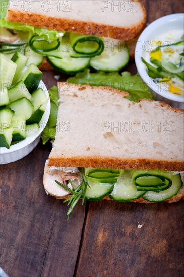 Fresh vegetarian sandwich with garlic cheese dip salad on rustic table