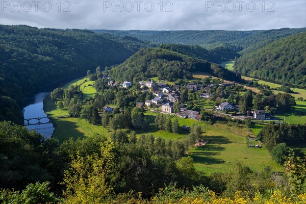 Aerial view over the village Frahan seen from Rochehaut near Bouillon in summer