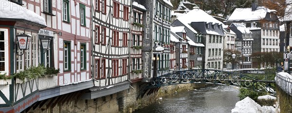 Half-timbered historic houses along the Rur river at Monschau