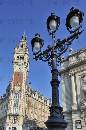 Bell tower of Chamber of Commerce and the Opera de Lille at the Place du Theatre