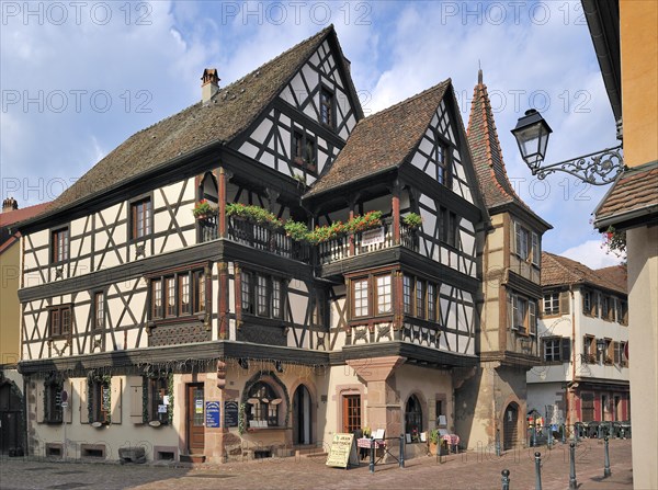 Colorful facade of timber framed house at Kaysersberg