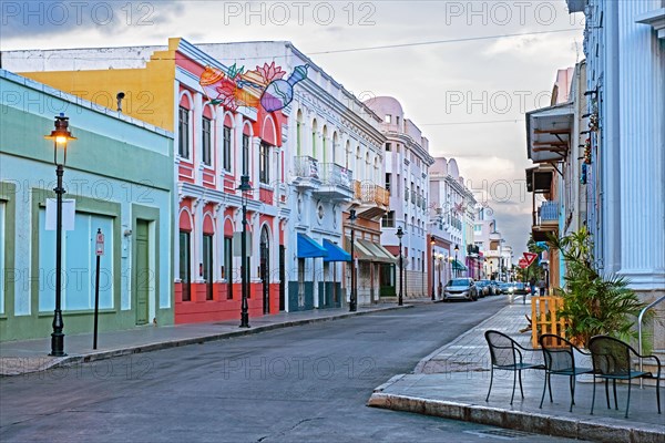 Pastel coloured buildings in Spanish colonial style in Historic Zone of the city Ponce