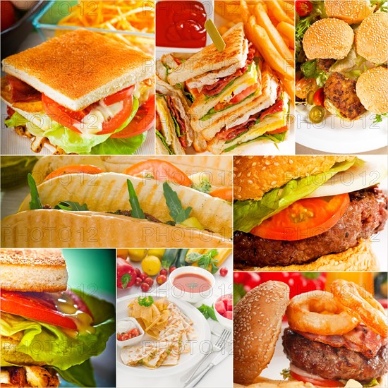 Burgers and sandwiches collection on a collage nested square canvas