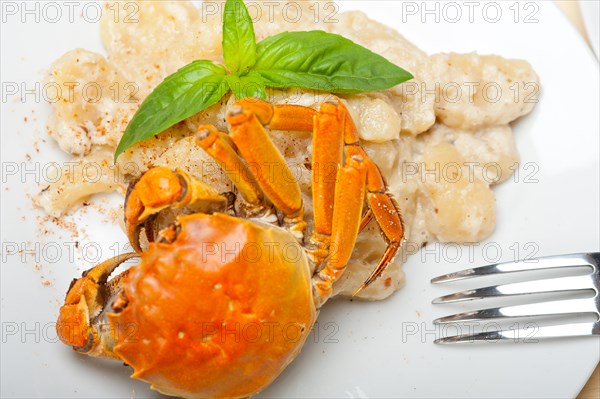 Fresh homemade Italian gnocchi with seafood sauce crab and basil