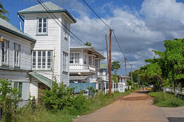 Old wooden white colonial houses in the old city centre of New Amsterdam