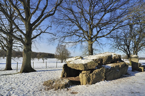 The Grand Dolmen de Weris in the snow in winter