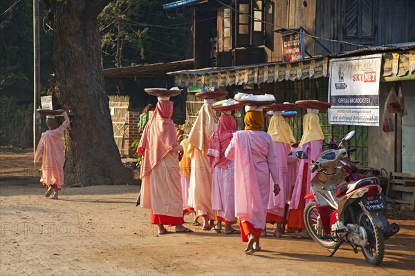 Burmese female Buddhist nuns dressed in pink going door to door collecting alms in Magway