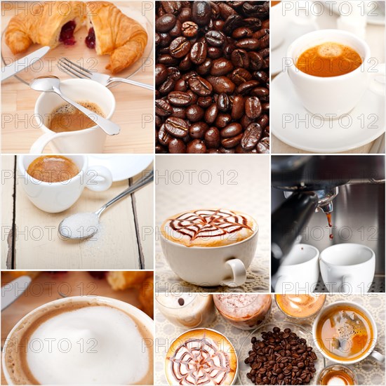 Selection of different coffee type on collage composition nested white frame