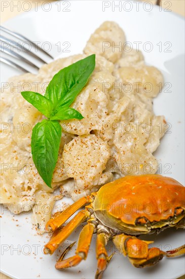 Fresh homemade Italian gnocchi with seafood sauce crab and basil