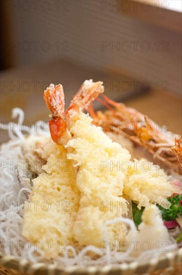 Japanese style tempura shrimps extreme closeup macro