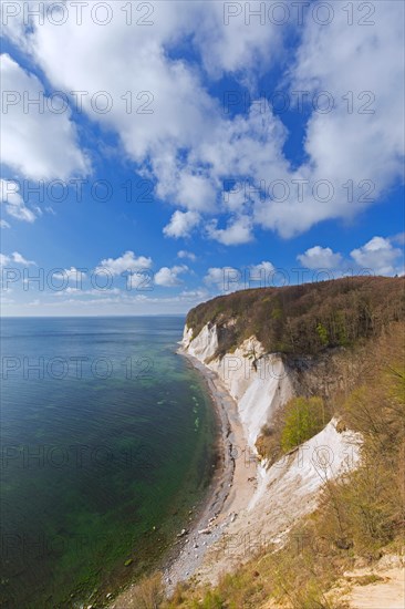 Eroded white chalk cliffs and pebble beach in Jasmund National Park on Rugen Island in the Baltic Sea