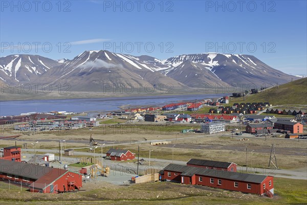 View over the town Longyearbyen in summer