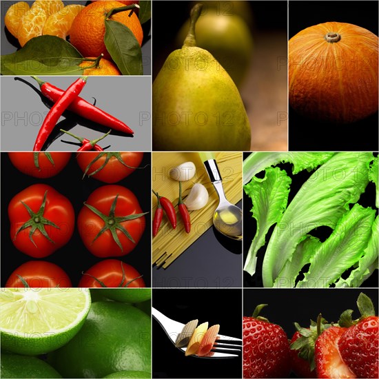 Organic Vegetarian Vegan dietetic food collage dark mood