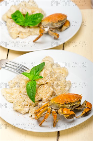 Fresh homemade Italian gnocchi with seafood sauce crab and basil