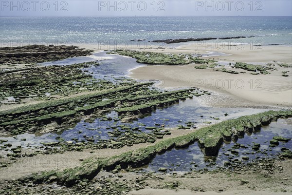 Jurassic rock layers exposed at low tide on the beach at Ambleteuse along rocky North Sea coast