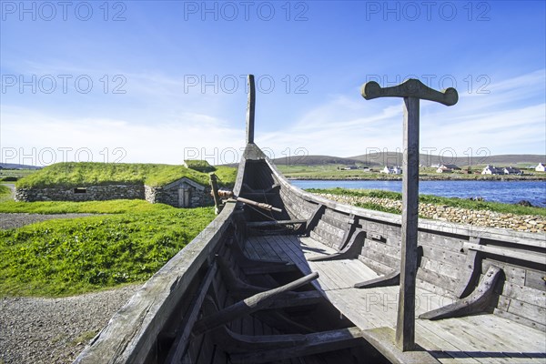 Reconstruction of Norse Viking longhouse and the Skidbladner