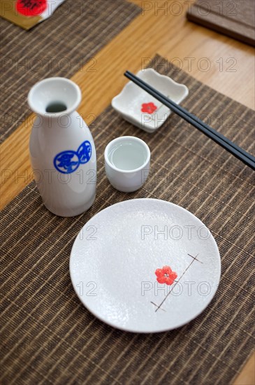 Japanese style table set and sake bottle and cup