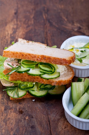 Fresh vegetarian sandwich with garlic cheese dip salad on rustic table