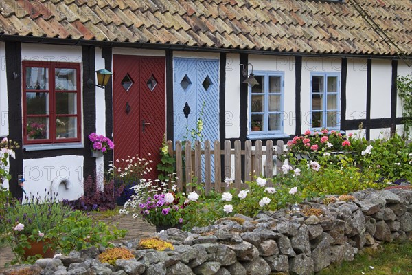 Old tradional houses with front yards in summer at Knaebaeckshusen