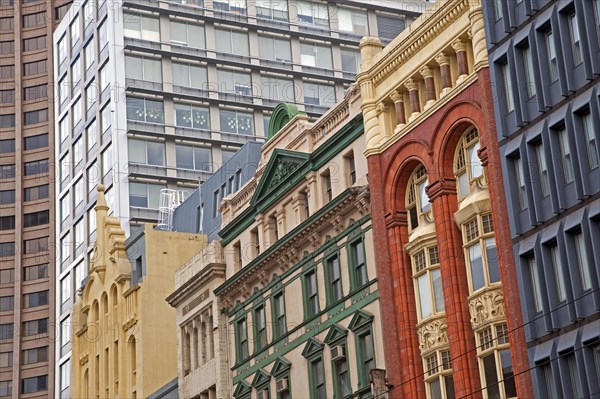 Colourful colonial buildings and skyscrapers in the city center of Melbourne