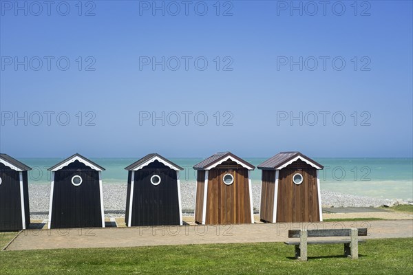 Beach cabins at seaside resort Sainte-Marguerite-sur-Mer along the North Sea coast