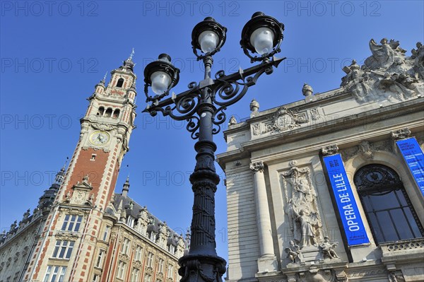 Bell tower of Chamber of Commerce and the Opera de Lille at the Place du Theatre