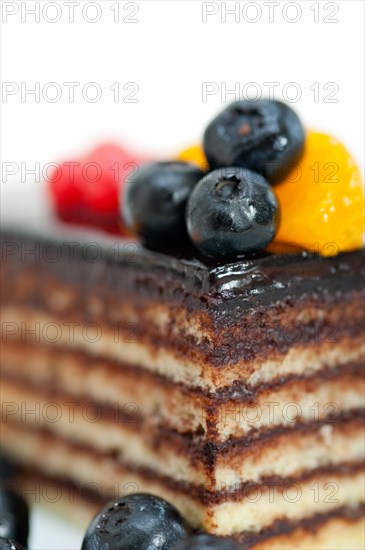 Chocolate cake and fresh fruit on top closeup macro