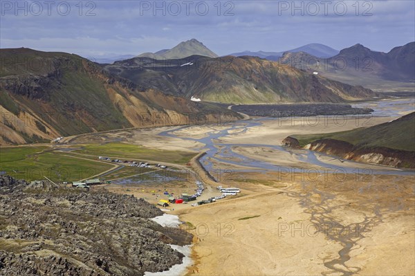 Campsite in the Landmannalaugar valley in the Fjallabak Nature Reserve