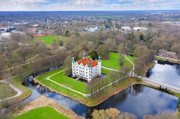 Aerial view over 16th century Schloss Ahrensburg