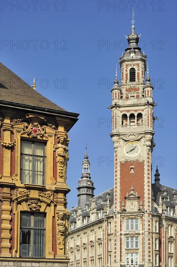 Decorated historical facade and bell tower of Chamber of Commerce at the quarter Vieux-Lille