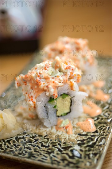 Japanese style maki sushi rolls set closeup macro