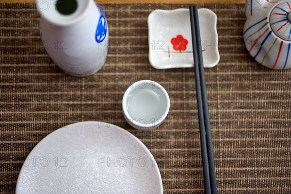 Japanese style table set and sake bottle and cup