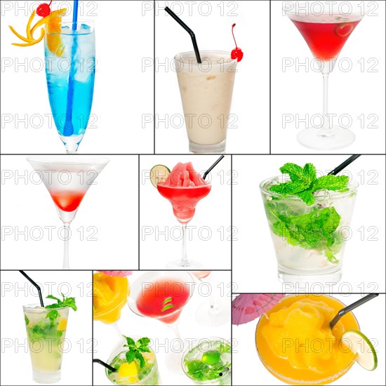 Selection of cocktails drinks collage composition nested on a square frame