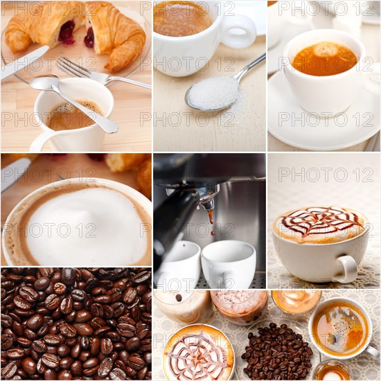 Selection of different coffee type on collage composition nested white frame