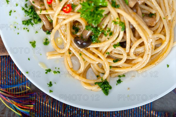 Italian pasta and mushroom sauce over rustic old wood