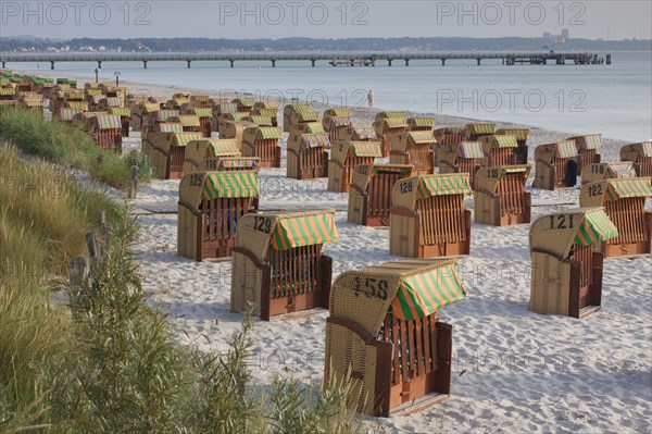 Roofed wicker beach chairs along the Baltic Sea at Scharbeutz
